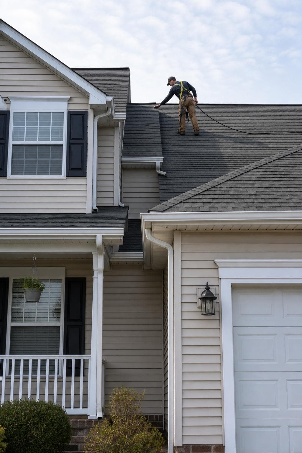 Roofing professional inspecting the asphalt-shingle roof of an ordinary two-story house